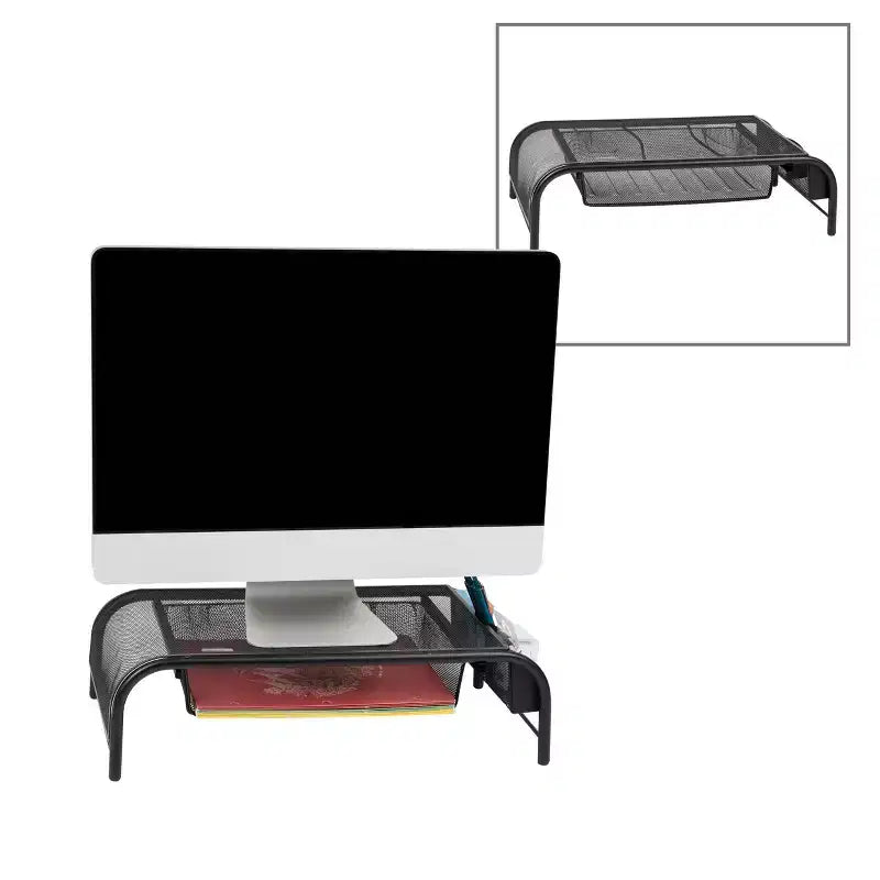 Supporto per Monitor in Rete Metallica Nera con Contenitore, Set da 2