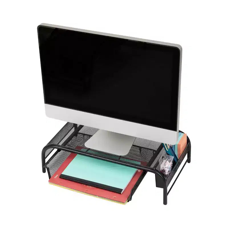 Supporto per Monitor in Rete Metallica Nera con Contenitore, Set da 2