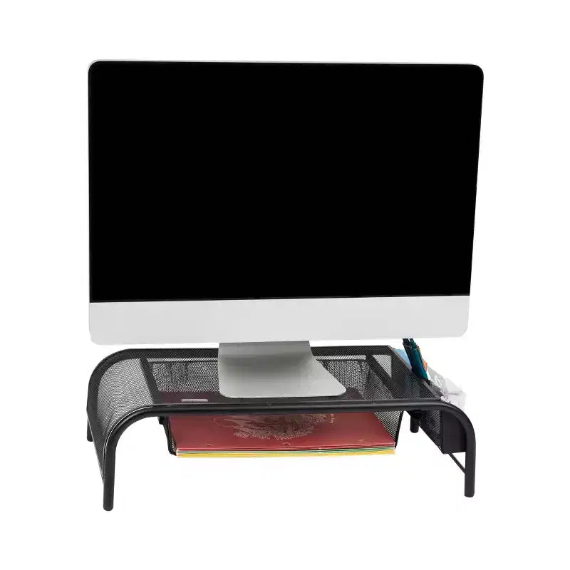 Supporto per Monitor in Rete Metallica Nera con Contenitore, Set da 2
