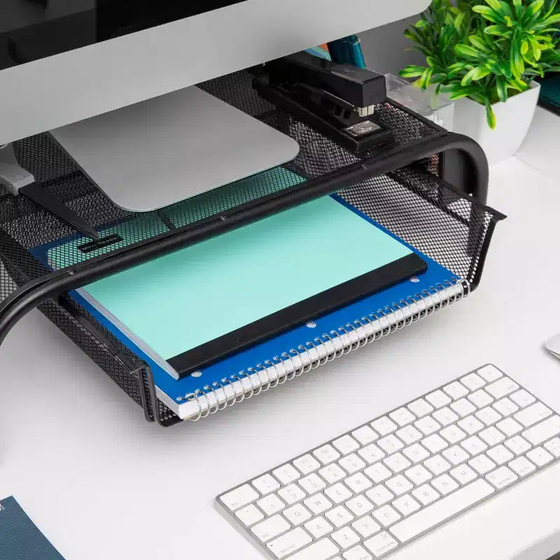 Supporto per Monitor in Rete Metallica Nera con Contenitore, Set da 2