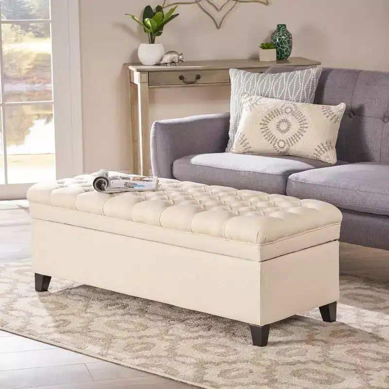 Panca Contenitore Ottomana con Vano Nascosto, Beige/Grigio, Seduta Singola