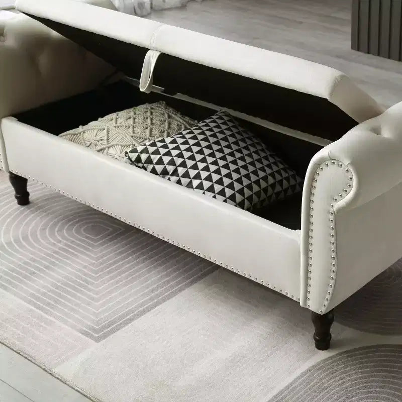 Panca contenitore in velluto trapuntato beige / nero / blu / grigio con borchie, 1 posto