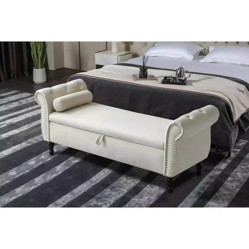 Panca contenitore in velluto trapuntato beige / nero / blu / grigio con borchie, 1 posto