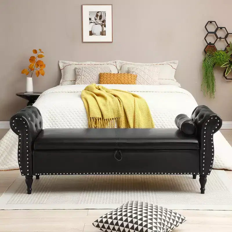 Panca contenitore in velluto trapuntato beige / nero / blu / grigio con borchie, 1 posto