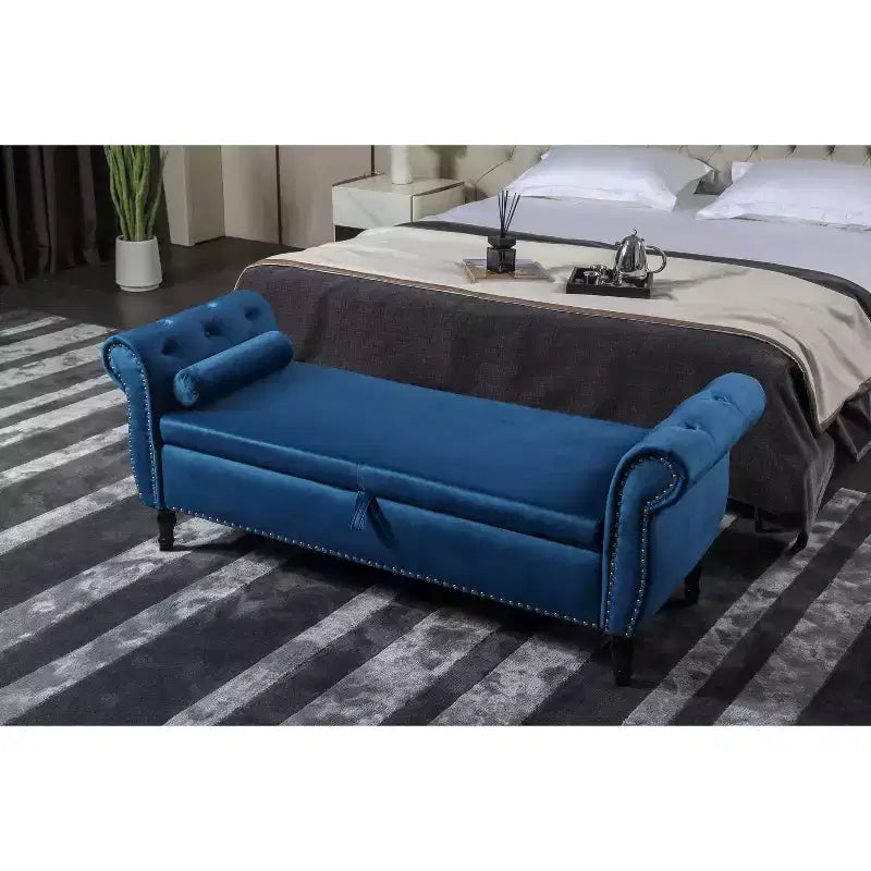 Panca contenitore in velluto trapuntato beige / nero / blu / grigio con borchie, 1 posto