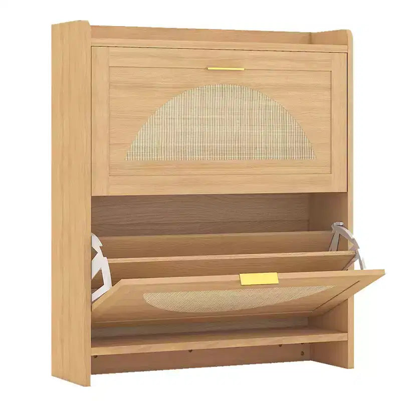Mobile Scarpiera in Legno con Ante a Ribalta e Rattan, per 16 Paia, Autoportante