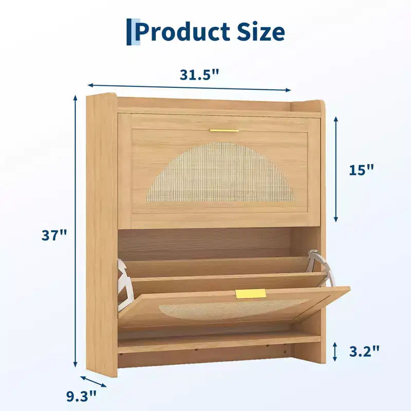 Mobile Scarpiera in Legno con Ante a Ribalta e Rattan, per 16 Paia, Autoportante