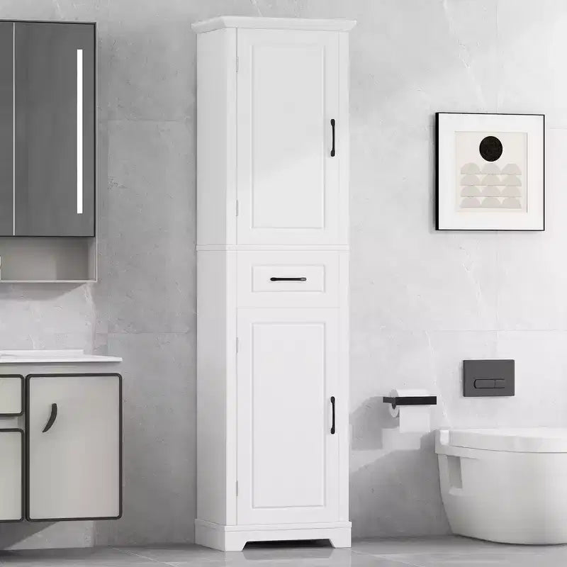 Bathroom Tall Storage Cabinet, Floor Freestanding Storage Cabinet with 2 Doors, One Drawer and Adjustable Shelf