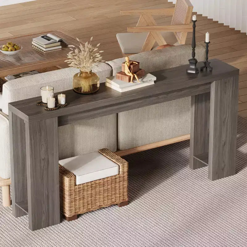 Tavolino consolle rettangolare da 180 cm in marrone/grigio/quercia, tavolo stretto da divano e corridoio