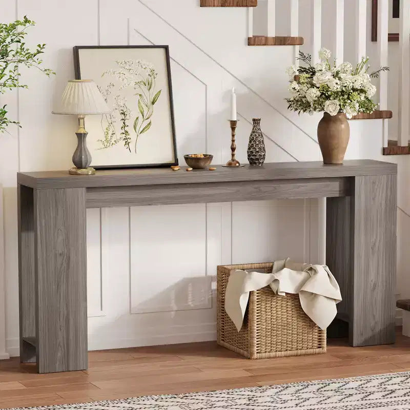 Tavolino consolle rettangolare da 180 cm in marrone/grigio/quercia, tavolo stretto da divano e corridoio