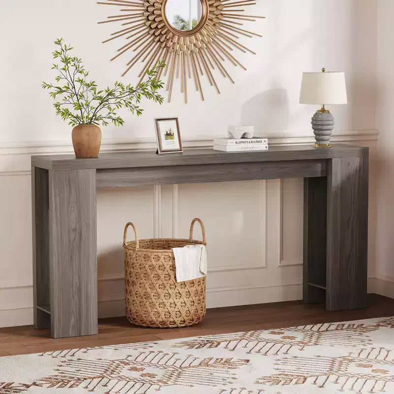 Tavolino consolle rettangolare da 180 cm in marrone/grigio/quercia, tavolo stretto da divano e corridoio