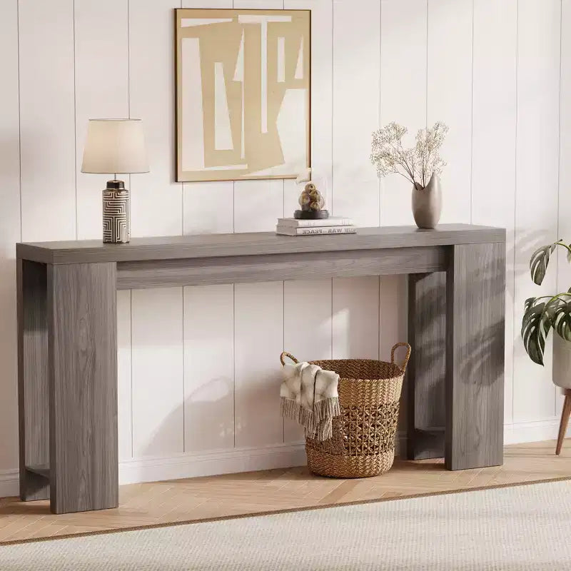 Tavolino consolle rettangolare da 180 cm in marrone/grigio/quercia, tavolo stretto da divano e corridoio