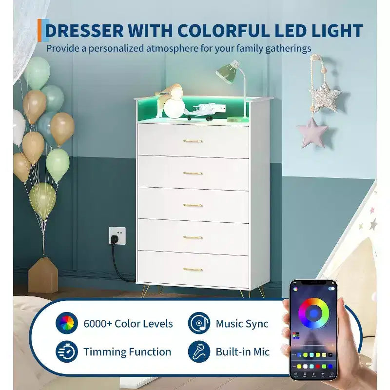 Cassettiera intelligente a 5 cassetti con LED RGB e ricarica – Nero/Bianco