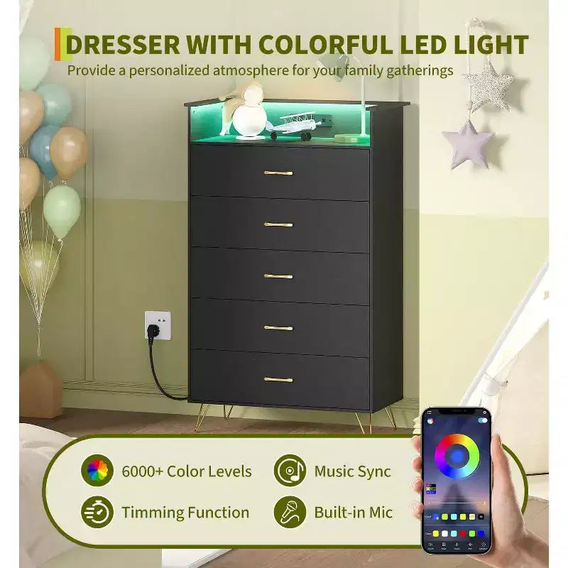 Cassettiera intelligente a 5 cassetti con LED RGB e ricarica – Nero/Bianco