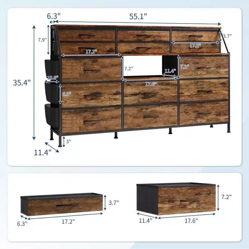 Comò portaoggetti a 14 cassetti (Nero/Bianco/Marrone), 140 cm di larghezza