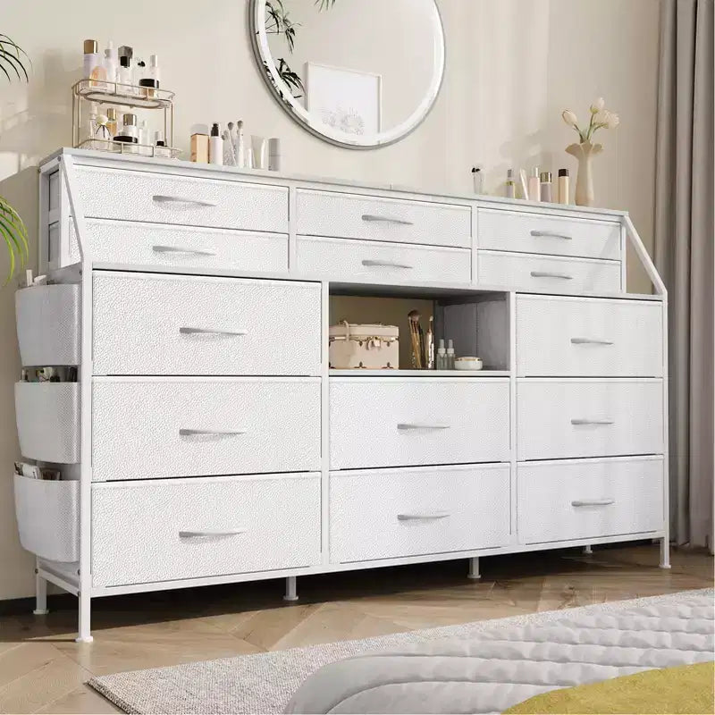 Comò portaoggetti a 14 cassetti (Nero/Bianco/Marrone), 140 cm di larghezza