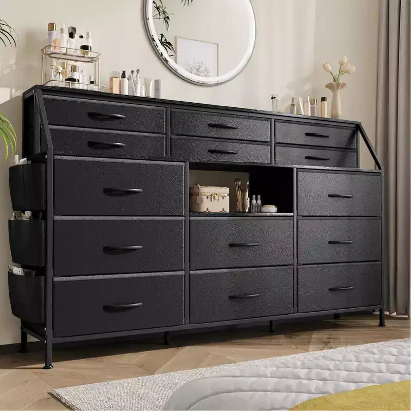 Comò portaoggetti a 14 cassetti (Nero/Bianco/Marrone), 140 cm di larghezza