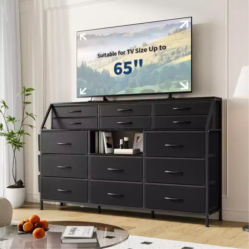 Comò portaoggetti a 14 cassetti (Nero/Bianco/Marrone), 140 cm di larghezza