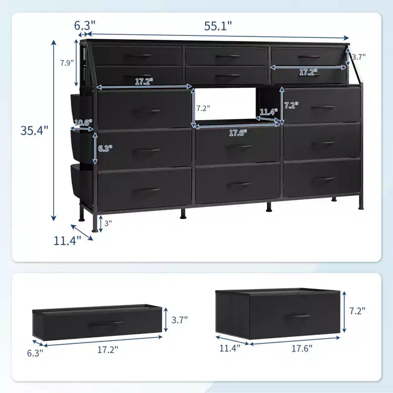 Comò portaoggetti a 14 cassetti (Nero/Bianco/Marrone), 140 cm di larghezza