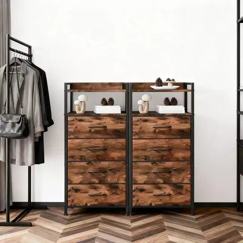 Comodino con 4 cassetti in tessuto e ripiano aperto, nero/marrone/bianco, singolo