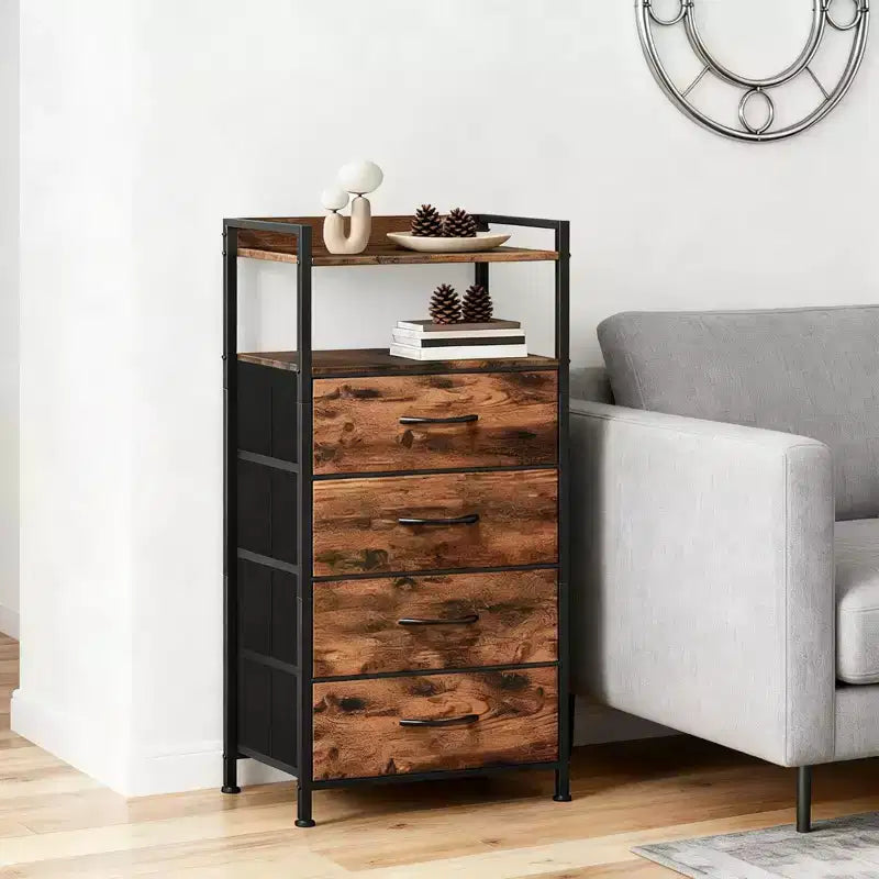 Comodino con 4 cassetti in tessuto e ripiano aperto, nero/marrone/bianco, singolo