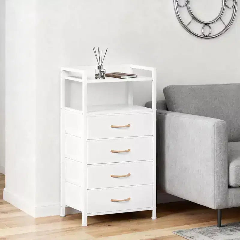 Comodino con 4 cassetti in tessuto e ripiano aperto, nero/marrone/bianco, singolo