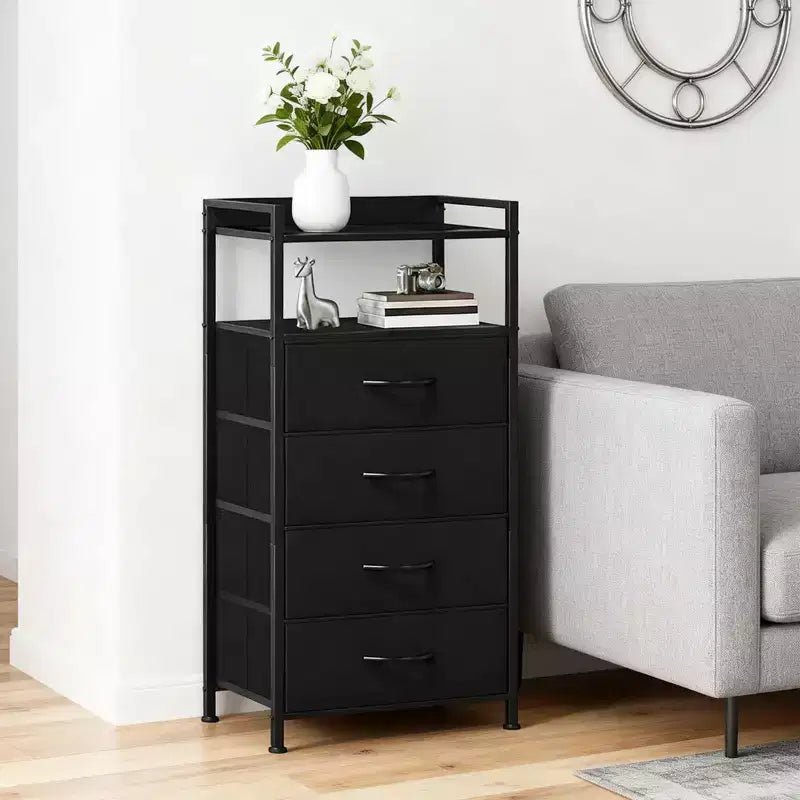 Comodino con 4 cassetti in tessuto e ripiano aperto, nero/marrone/bianco, singolo