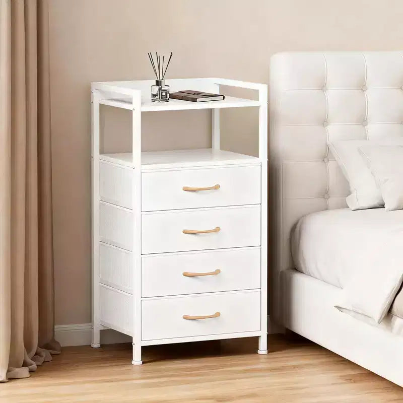 Comodino con 4 cassetti in tessuto e ripiano aperto, nero/marrone/bianco, singolo