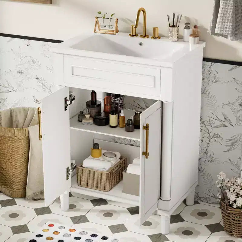Mobile bagno singolo da 24" con lavabo in ceramica, mobile Shaker, 2 ante con chiusura ammortizzata