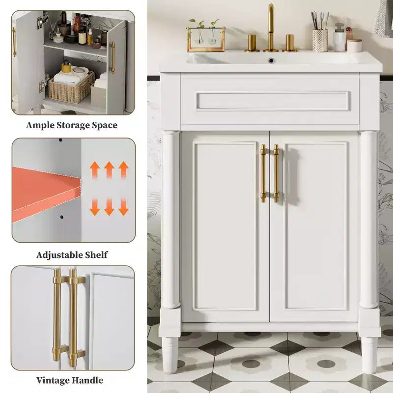 Mobile bagno singolo da 24" con lavabo in ceramica, mobile Shaker, 2 ante con chiusura ammortizzata