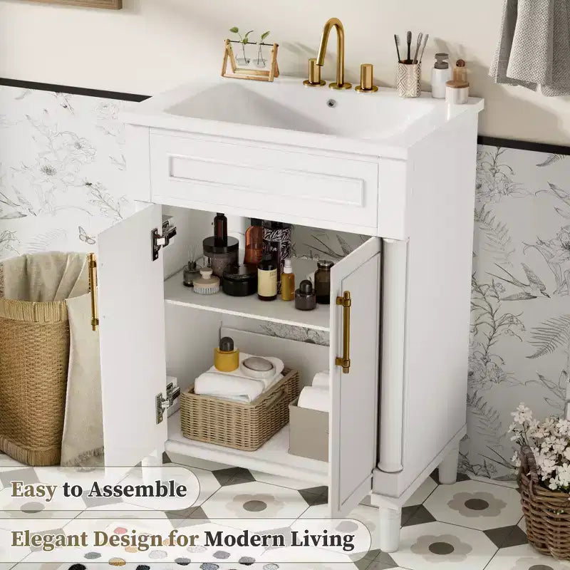 Mobile bagno singolo da 24" con lavabo in ceramica, mobile Shaker, 2 ante con chiusura ammortizzata