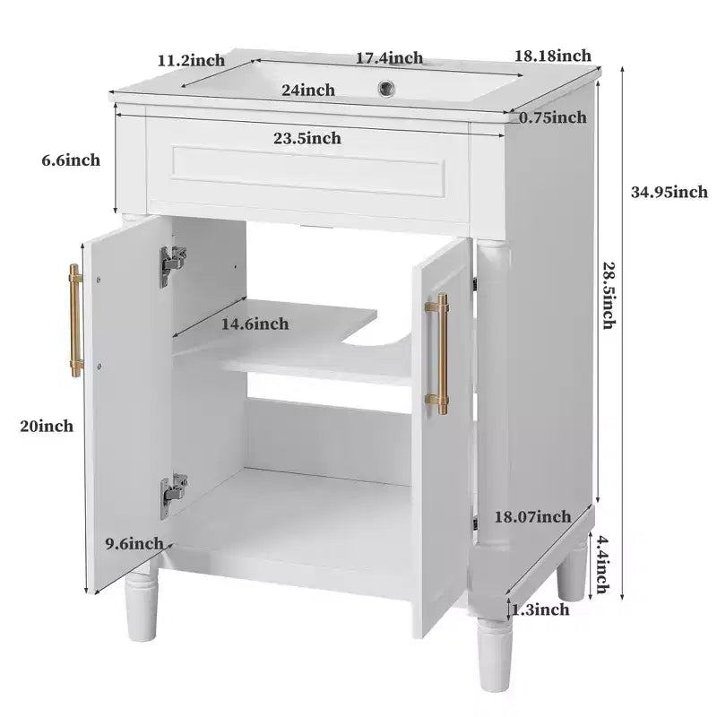 Mobile bagno singolo da 24" con lavabo in ceramica, mobile Shaker, 2 ante con chiusura ammortizzata