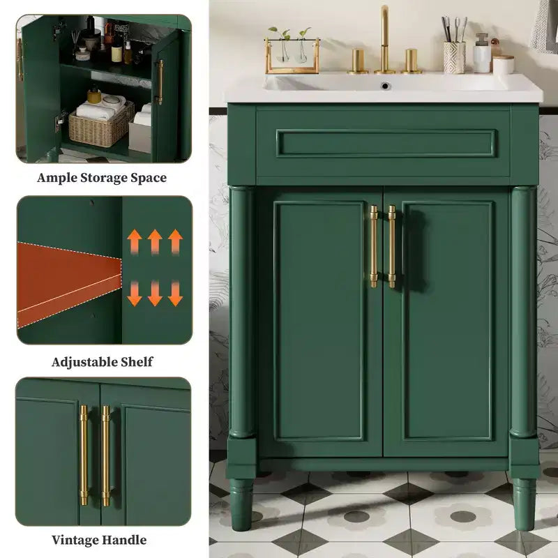 Mobile bagno singolo da 24" con lavabo in ceramica, mobile Shaker, 2 ante con chiusura ammortizzata