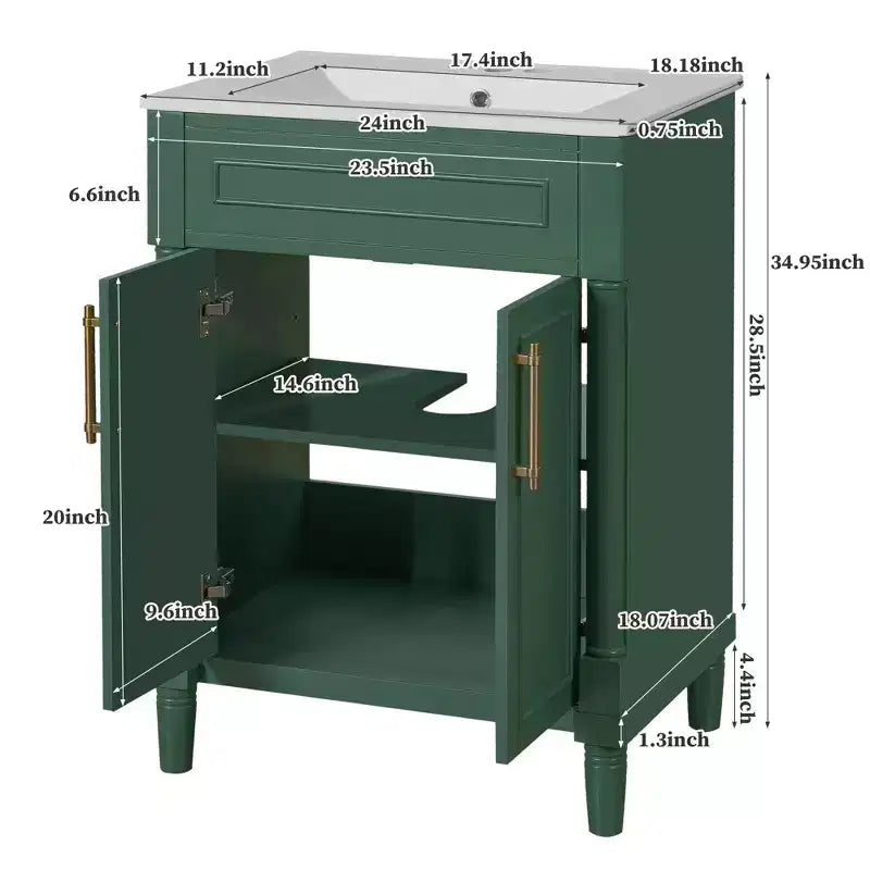 Mobile bagno singolo da 24" con lavabo in ceramica, mobile Shaker, 2 ante con chiusura ammortizzata