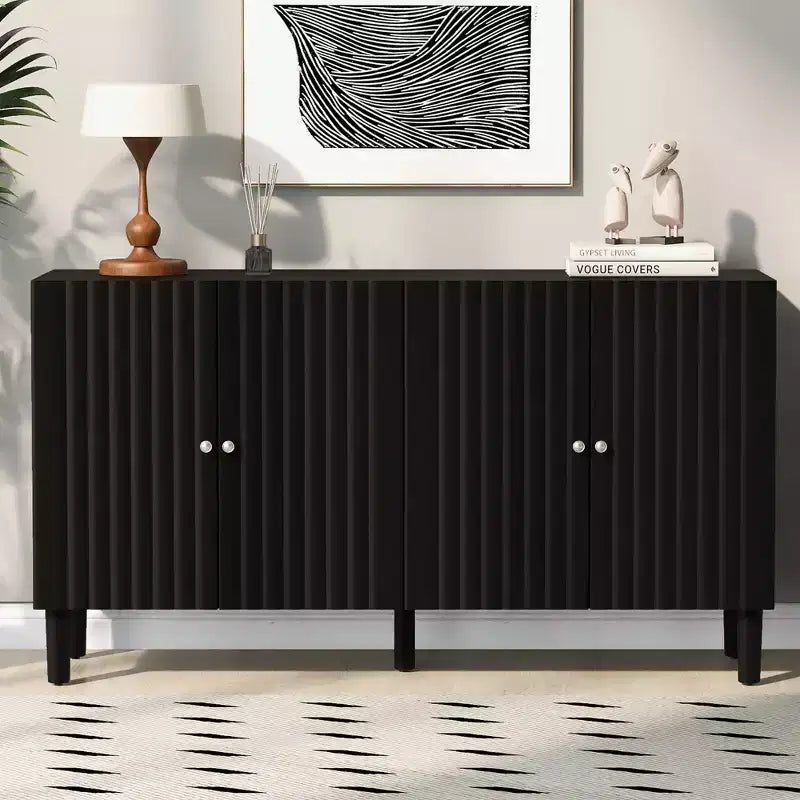 Credenza da 58'' con 4 ante a motivo ondulato e gambe cilindriche, Nera/Bianca, per adulti