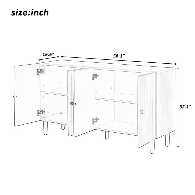 Credenza da 58'' con 4 ante a motivo ondulato e gambe cilindriche, Nera/Bianca, per adulti
