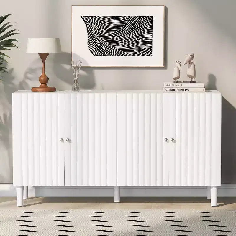 Credenza da 58'' con 4 ante a motivo ondulato e gambe cilindriche, Nera/Bianca, per adulti