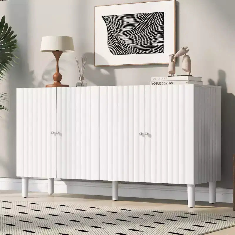 Credenza da 58'' con 4 ante a motivo ondulato e gambe cilindriche, Nera/Bianca, per adulti