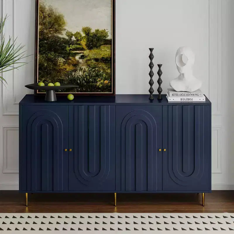Credenza con 4 ante, gambe in metallo e ripiani regolabili, nero/blu/grigio, per adulti