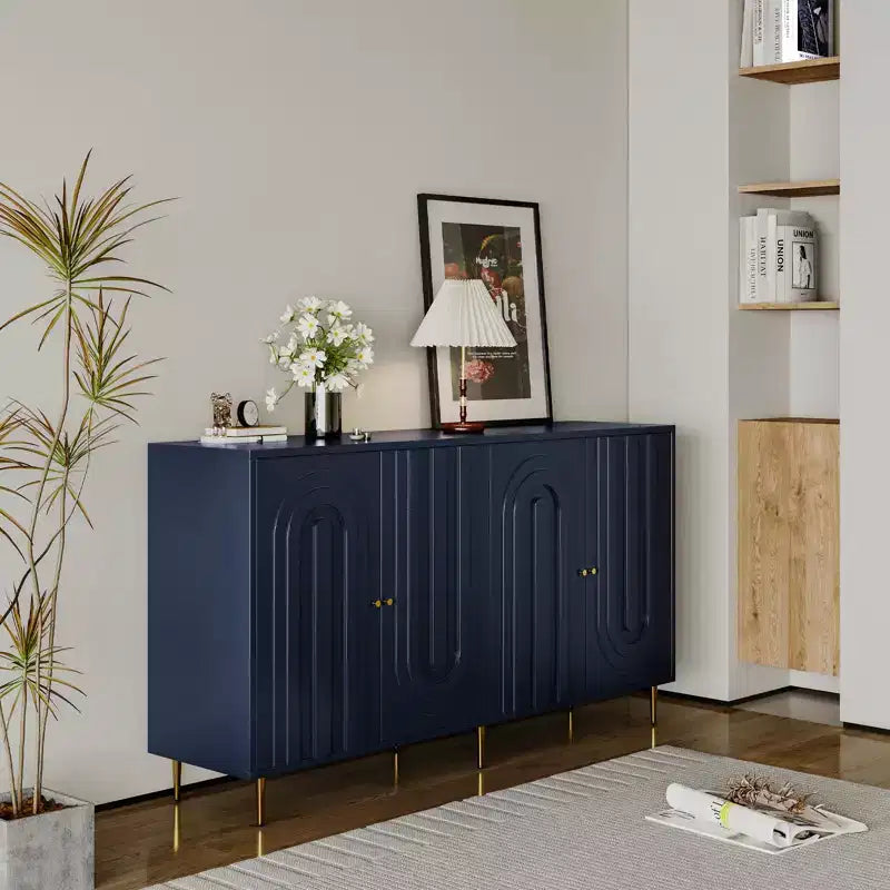 Credenza con 4 ante, gambe in metallo e ripiani regolabili, nero/blu/grigio, per adulti