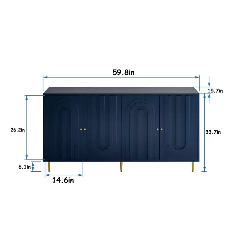 Credenza con 4 ante, gambe in metallo e ripiani regolabili, nero/blu/grigio, per adulti