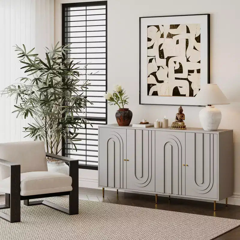 Credenza con 4 ante, gambe in metallo e ripiani regolabili, nero/blu/grigio, per adulti