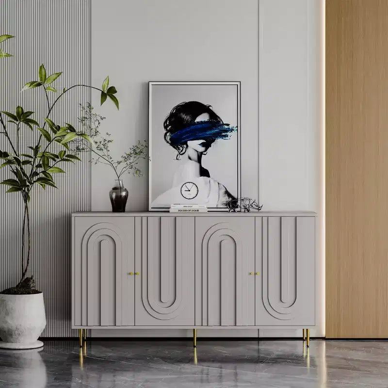 Credenza con 4 ante, gambe in metallo e ripiani regolabili, nero/blu/grigio, per adulti