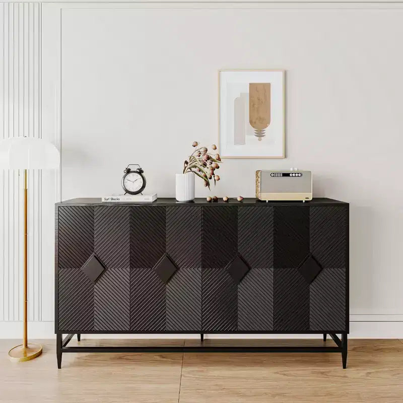 Credenza con 4 ante, gambe in metallo e ripiani regolabili, nero/blu/grigio, per adulti
