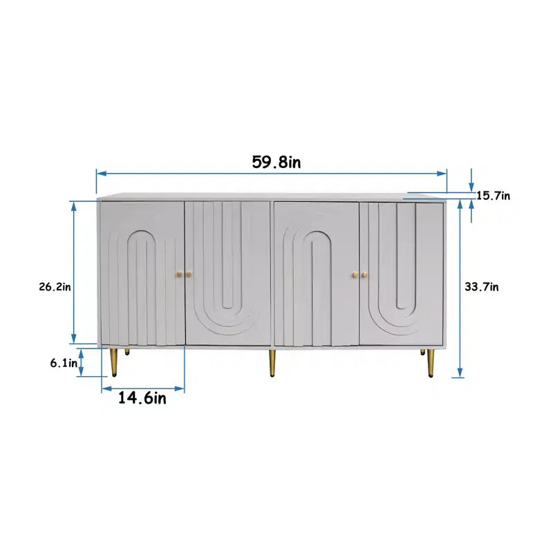 Credenza con 4 ante, gambe in metallo e ripiani regolabili, nero/blu/grigio, per adulti