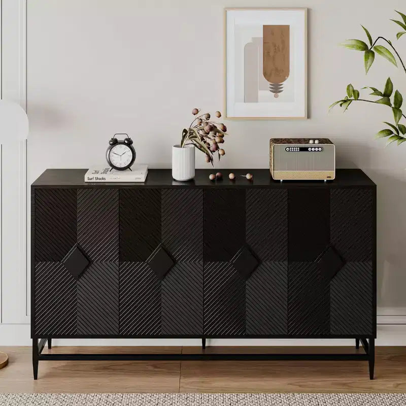 Credenza con 4 ante, gambe in metallo e ripiani regolabili, nero/blu/grigio, per adulti