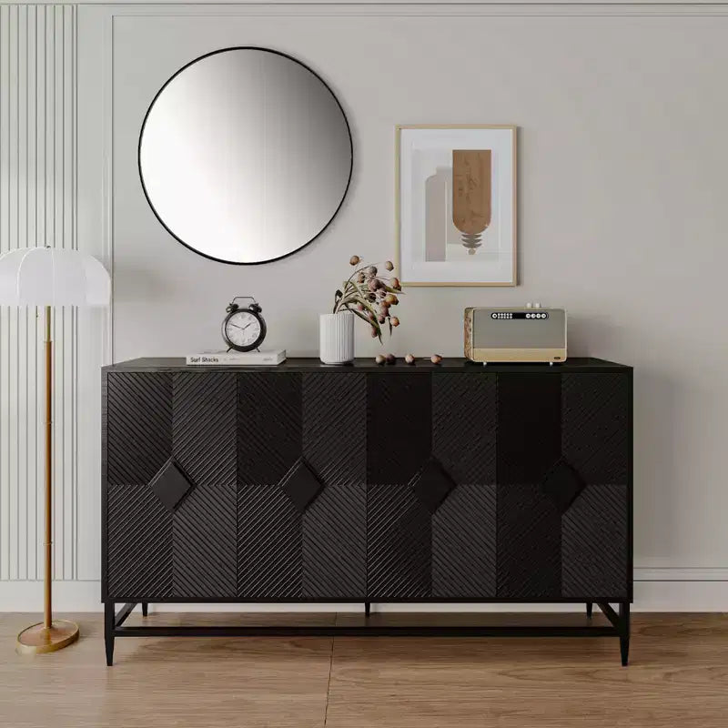 Credenza con 4 ante, gambe in metallo e ripiani regolabili, nero/blu/grigio, per adulti