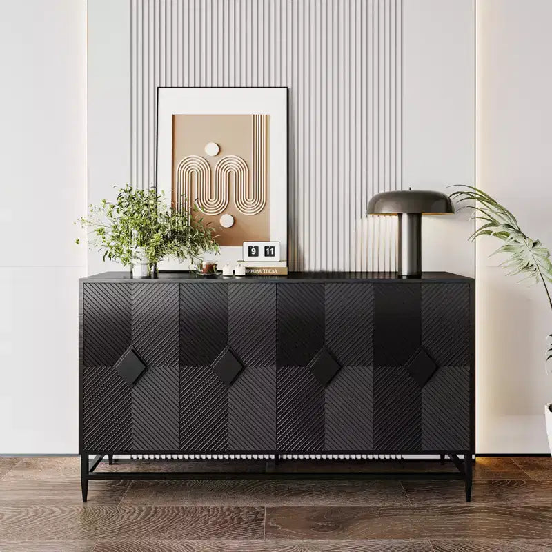 Credenza con 4 ante, gambe in metallo e ripiani regolabili, nero/blu/grigio, per adulti