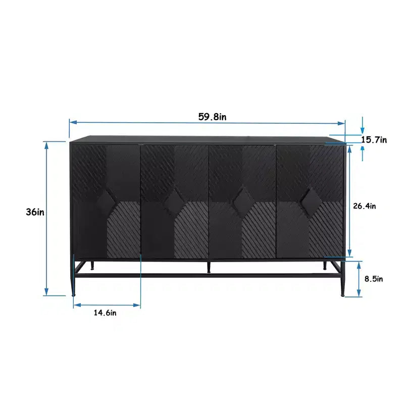 Credenza con 4 ante, gambe in metallo e ripiani regolabili, nero/blu/grigio, per adulti