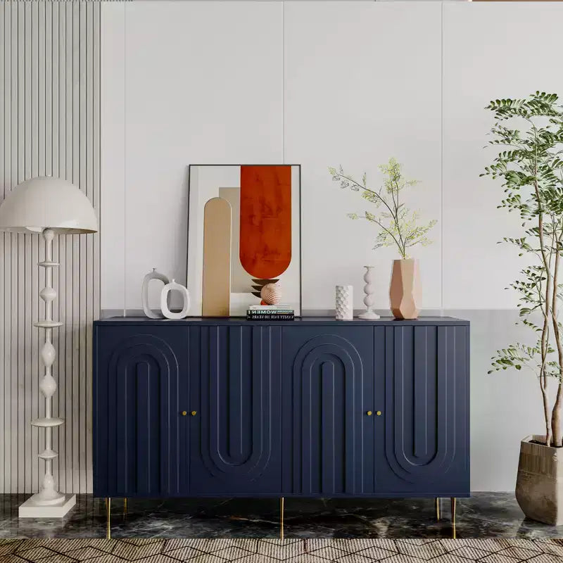Credenza con 4 ante, gambe in metallo e ripiani regolabili, nero/blu/grigio, per adulti